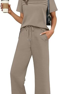 WIHOLL Two Piece Sets for Women Summer Spring Travel Vacation Outfits Short Sleeve Lounge Sets Side Slit Wide Leg Pants S-3XL